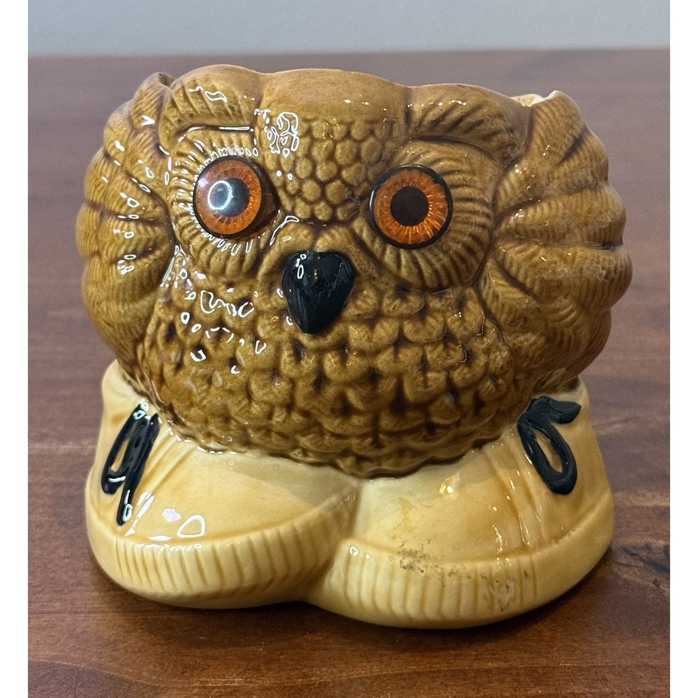 1970s VTG Amber Ceramic Owl W/ Sneakers Planter 4.5 Kitschy Decor MCM